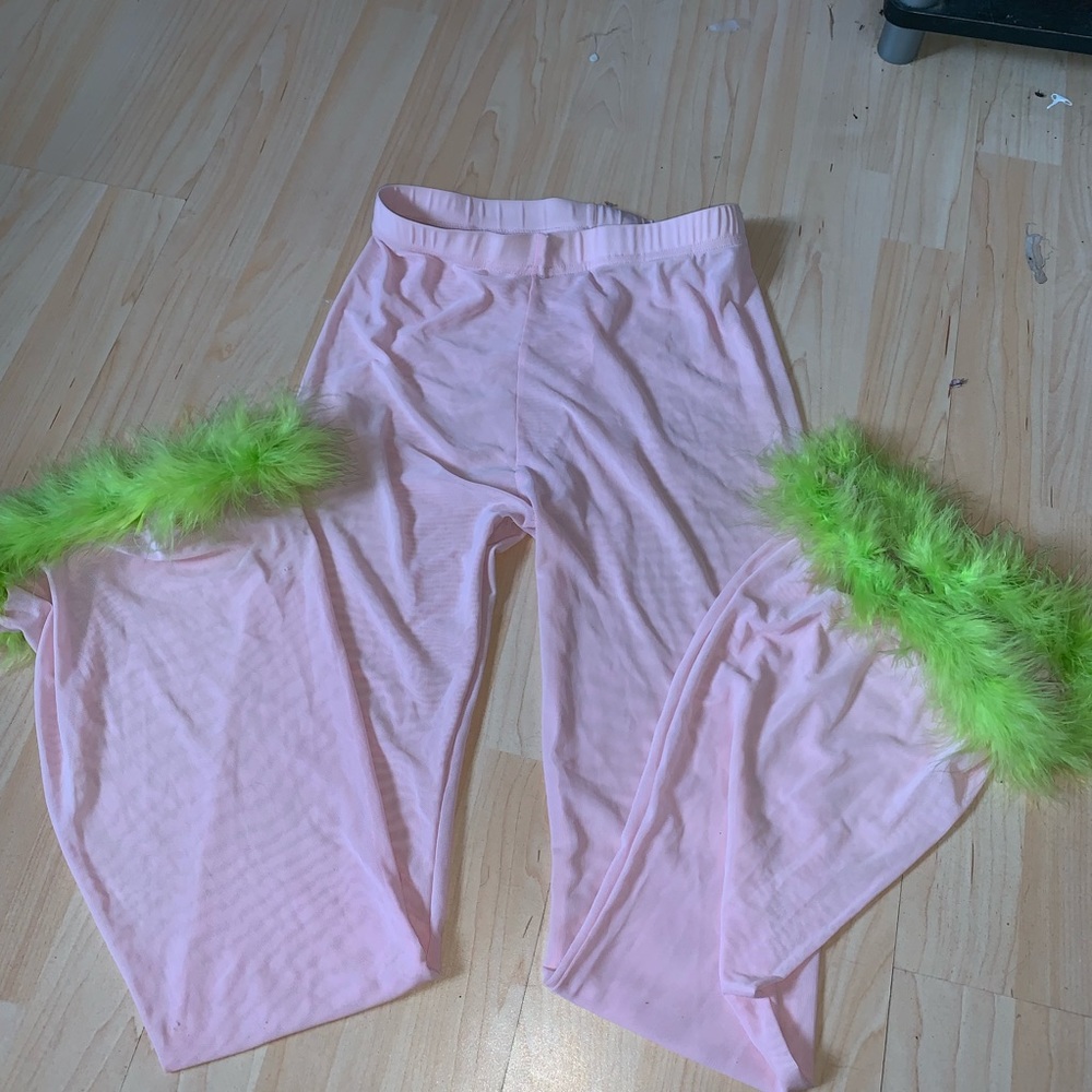 pink mesh fuzzy green pants